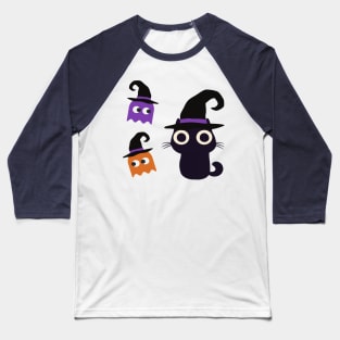 Cute Halloween Black Cat with Ghosts Baseball T-Shirt